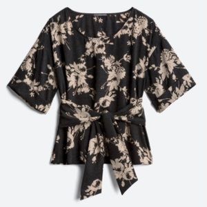 Tie Front Floral Cuffed Sleeve Blouse